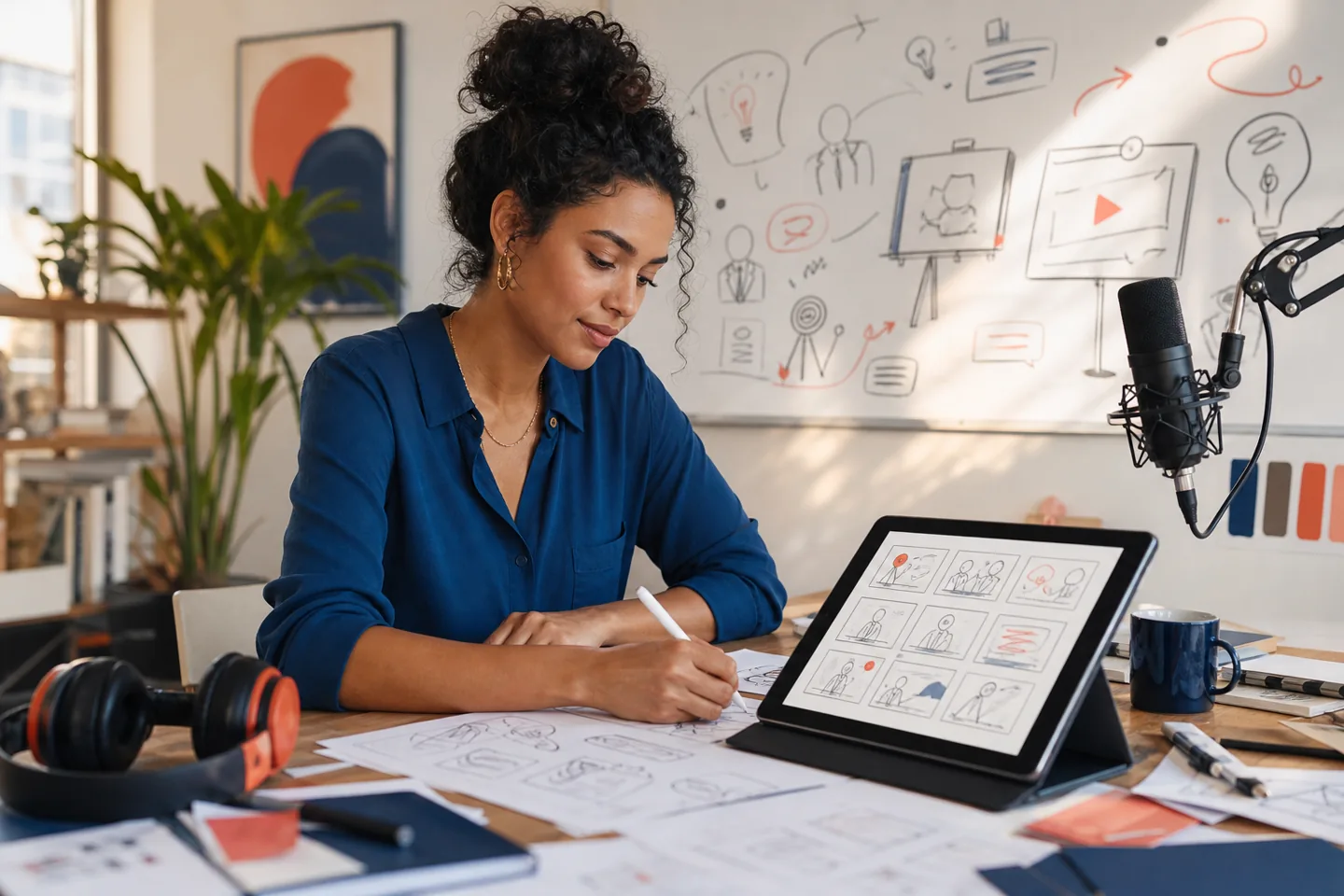 Small business creator planning a doodle explainer with a storyboard, microphone and sketches