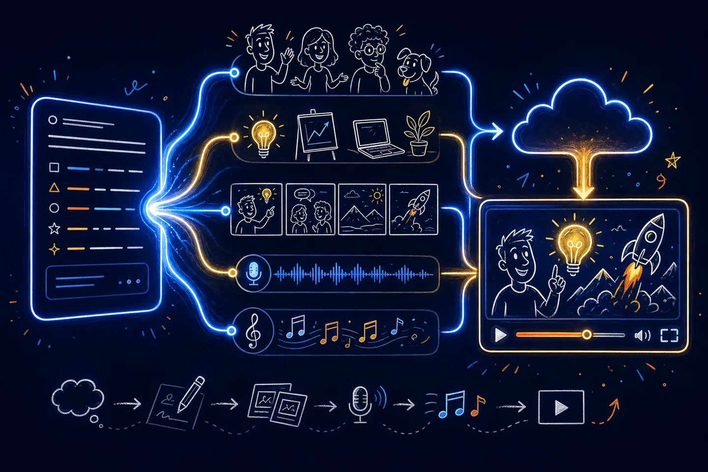 Illustrated workflow connecting a text prompt to doodle scenes, audio and cloud rendering